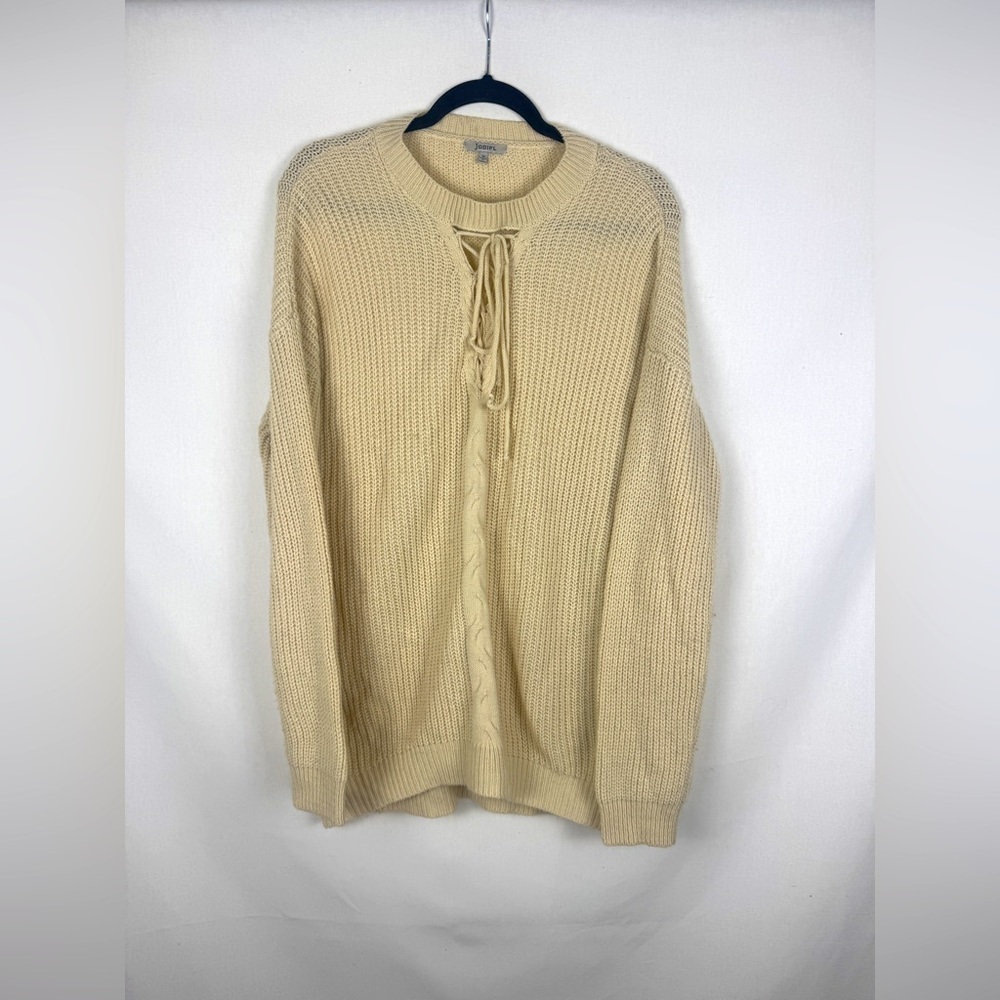 JODIFL Long Cream Lace-Up Knit Sweater